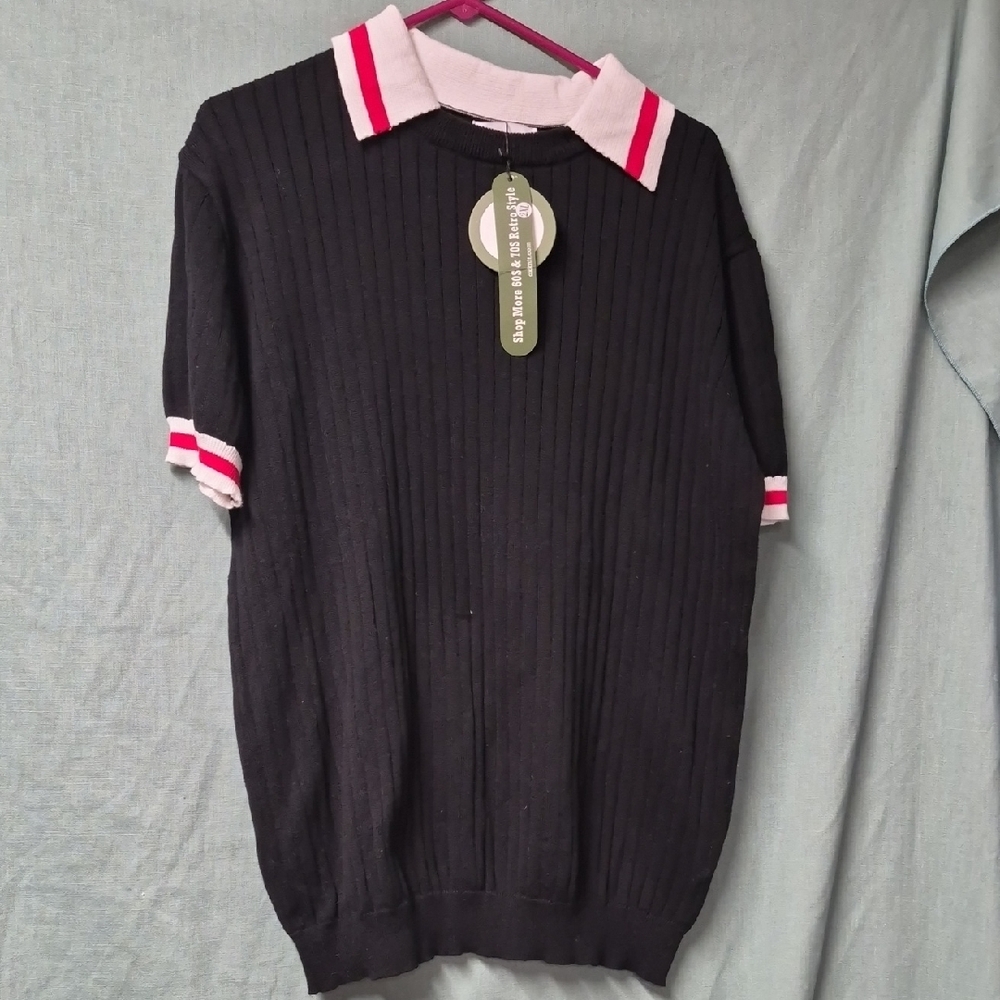 Mens Boys Oxknitstore 60's & 70's Retro Style Black Short Sleeve Sweater 2xl